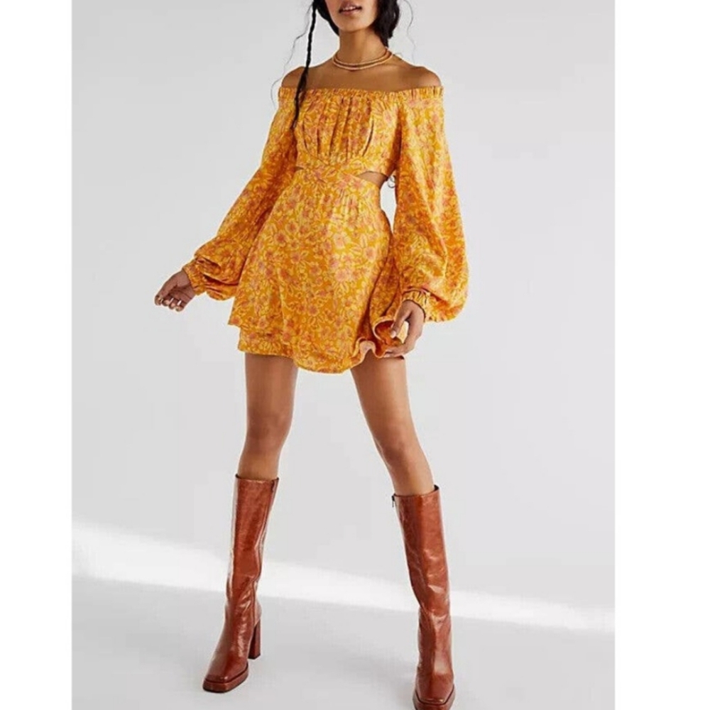 Free People Jael Mini Dress Women's M Yellow Floral Artsy Cottagecore Peasant - Picture 2 of 13